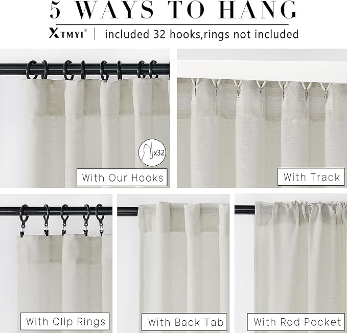 XTMYI Extra Wide Curtains 70 in Width for 72 Inch Window,Pleated Back Tab Linen Semi Sheer Full Length Curtains for Living Room Sliding Glass Door 2 Panel Set,72x90,70x90,6FT x 90 Inches Long,Cream