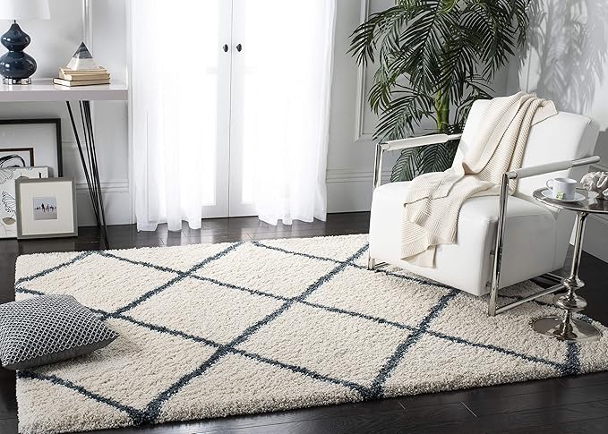SAFAVIEH Hudson Shag Collection Area Rug - 9' Square, Ivory & Slate Blue, Modern Trellis Design, Non-Shedding & Easy Care, 2-inch Thick Ideal for High Traffic Areas in Living Room, Bedroom (SGH281T)