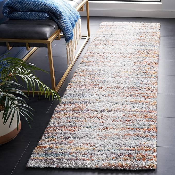SAFAVIEH Berber Shag Collection Runner Rug - 2'3" x 8', Blue Rust & Ivory, Stripe Design, Non-Shedding & Easy Care, 1.25-inch Thick Ideal for High Traffic Areas in Living Room, Bedroom (BER565A)