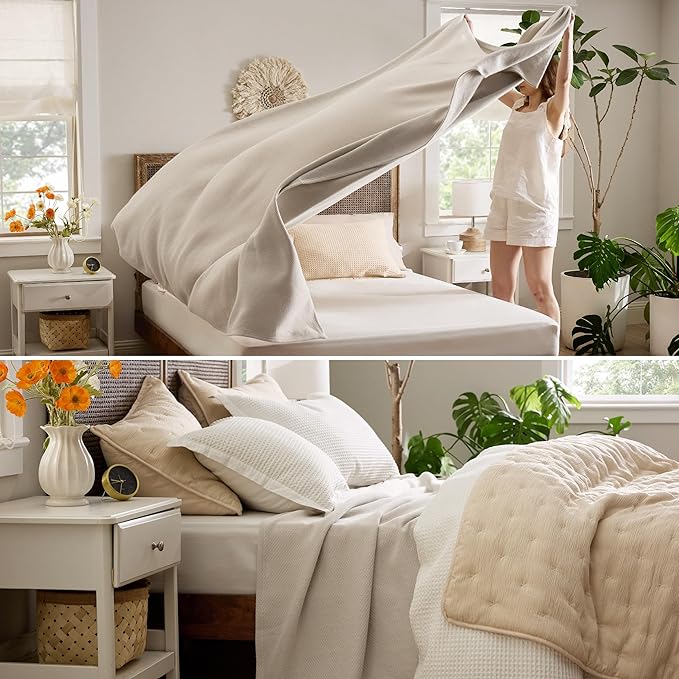 Bedsure GentleSoft 100% Cotton Large Blanket Oversized King for Bed 120x94 inches - Breathable Soft Cozy Herringbone Woven Blanket for Summer, Couch Cover, Linen Beige