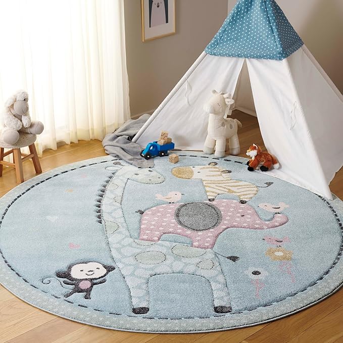 SAFAVIEH Carousel Kids Collection Area Rug - 6'7" Round, Blue, Animal Design, Easy Care & Non-Shedding, Ideal for High Traffic Areas for Boys & Girls in Playroom, Nursery (CRK120K-7R)