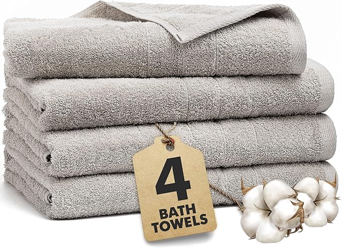 Bath Towels Set of 4 – 100% Cotton Light Grey Extra Large Towels for Bathroom, Spa Use (55x28 in) – Super Soft and Quick Dry Large Bath Sheets for Adults