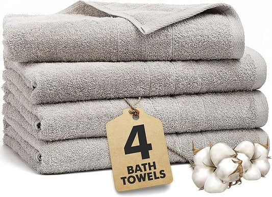 Bath Towels Set of 4 – 100% Cotton Light Grey Extra Large Towels for Bathroom, Spa Use (55x28 in) – Super Soft and Quick Dry Large Bath Sheets for Adults