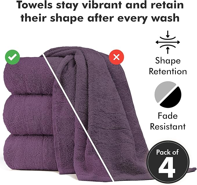 Bath Towels Set of 4 – 100% Cotton Dark Purple Extra Large Towels for Bathroom, Spa Use (55x28 in) – Super Soft and Quick Dry Large Bath Sheets for Adults