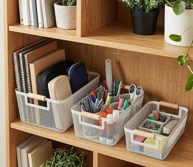 2-Pack Metal Mesh Basket, Small Wire Storage Organizer with Wood Handle for Kitchen Pantry, Bathroom, Cabinet, Closet, Picnic & Home Organization, Small, White