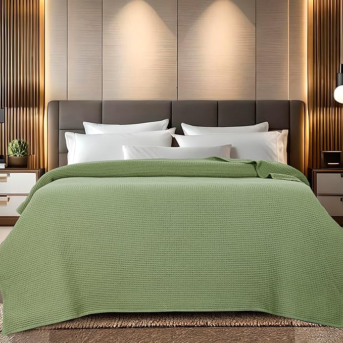 Bed & Bath Home Premium 100% Cotton Waffle Weave Blanket Twin Size – Soft Breathable Lightweight Comfort, Natural All-Season Bed Blanket, Easy-Care Bedspread for Bed & Couch (Sage Green)