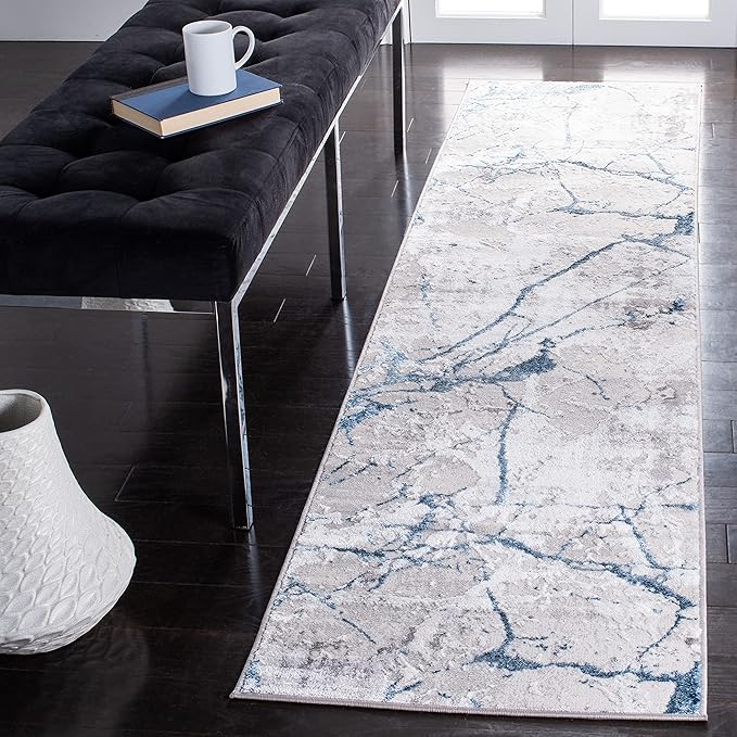 SAFAVIEH Amelia Collection Runner Rug - 2' x 8', Grey & Blue, Modern Abstract Design, Non-Shedding & Easy Care, Ideal for High Traffic Areas in Living Room, Bedroom (ALA293F)