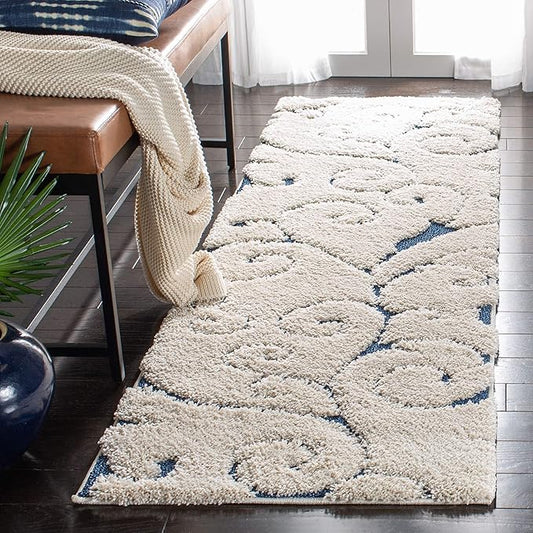 SAFAVIEH Florida Shag Collection Runner Rug - 2'3" x 7', Cream & Blue, Scroll Design, Non-Shedding & Easy to Clean, High-Low Plush Pile, Ideal for Bedroom, Foyer, Hallway (SG455-1165)