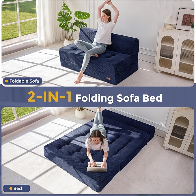 MAXYOYO 8" Folding Sofa Bed, Convertible Sleeper Sofa Lounger Foldable Mattress, Wedge Shape Floor Couch Tufted Fold Out Chair Bed Comfy Floor Couch Lounge for Living Room Bedroom, Loveseat, Navy
