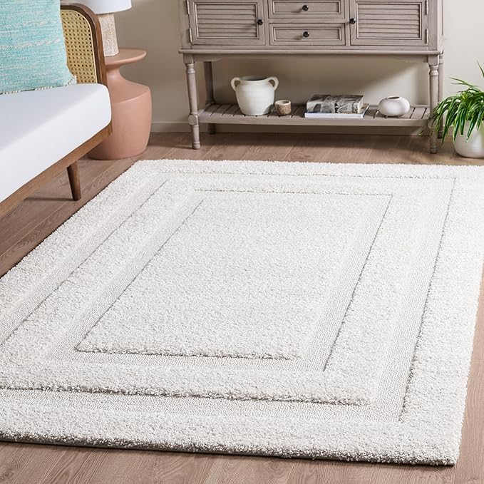 SAFAVIEH Florida Shag Collection Area Rug - 5'3" x 7'6", Creme & Creme, Border Design, Non-Shedding & Easy Care, 1.2-inch Thick Ideal for High Traffic Areas in Living Room, Bedroom (SG454-1111)