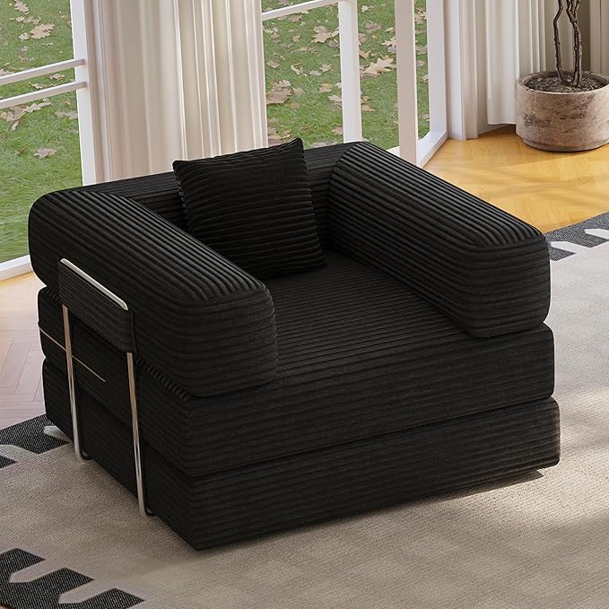 Folding Sofa Bed, 2 in 1 Convertible Sofas Lounger Comfy Single Chair Teddy Fabric Compressed Couch,Boneless FoldingSleeper for Living Room, Guest Bed, Playroom (Black, 35.43" Single Sofa)