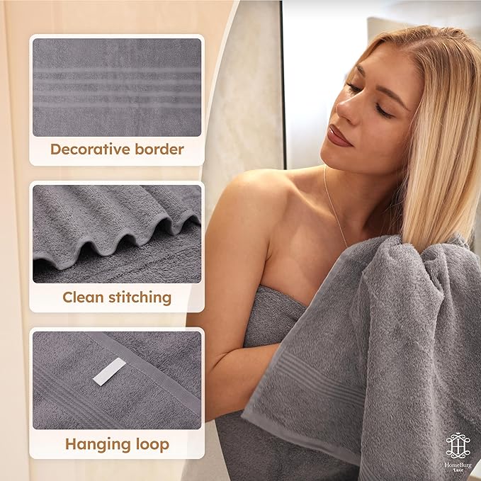 Luxe Set – Washcloths (30 x 30cm), Hand Towels (40 x 70cm) & Bath Towels (65 x 137 cm) – 100% Cotton, Soft, Absorbent, Easy Care, Versatile, (Stone Grey)