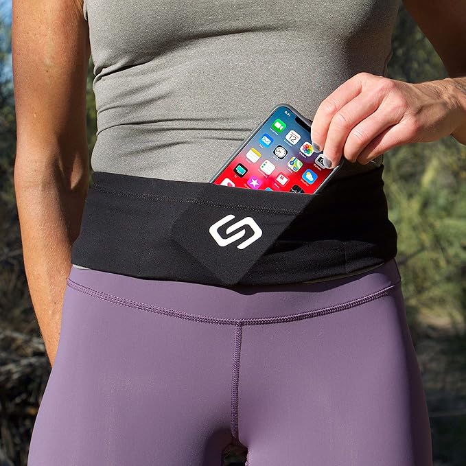 Sporteer VersaSlim Running Belt - Low-Profile Workout Waist Pack for Gym & HIIT - Zero-Bounce Minimalist Phone Holder for Activewear - Nylon Spandex Blend (Black, X-Small)