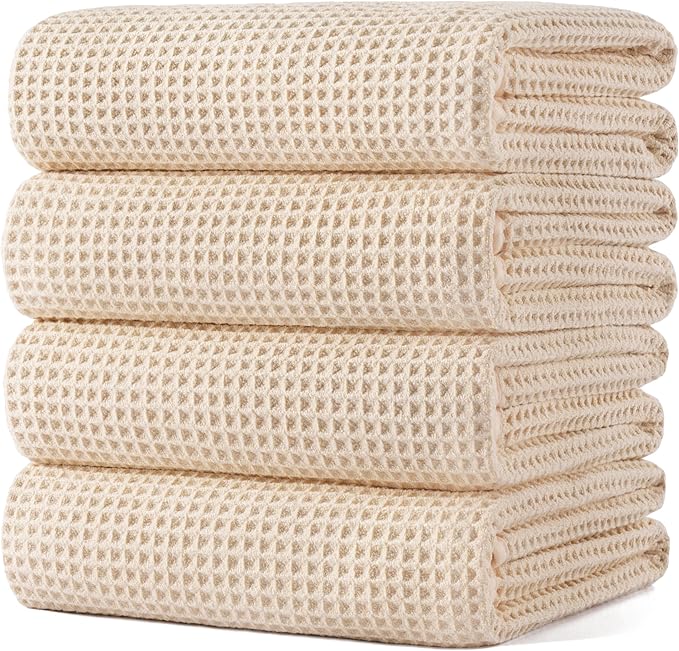 430 GSM Microfiber Oversize Quick Dry Lint Free Bath Towel, 60 x 30 in, 4 Pack (Waffle Weave)