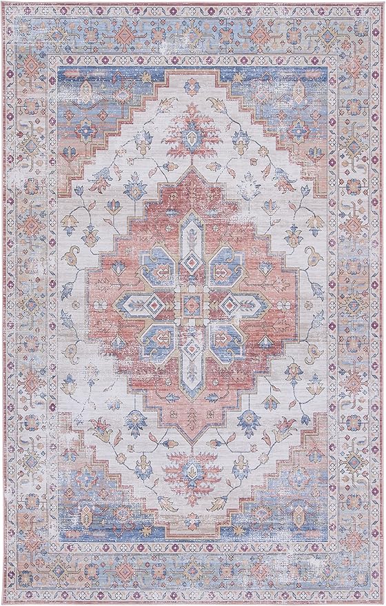 SAFAVIEH Washable Rug Tucson Collection - 6' x 9', Beige & Blue, Slip Resistant & Easy to Clean, Ideal for Living Room, Bedroom, Dining Space (TSN109B)