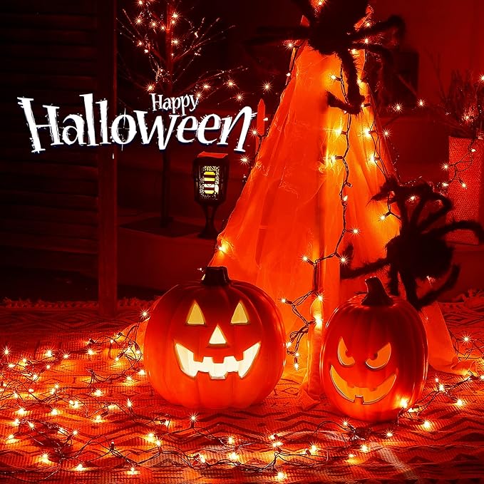 Hopolon Orange Halloween Lights, 2PACK 13ft 50 Orange Lights String,120V Fall String Light, Plug in Green Wire Fall Light Waterproof for Spooky Thanksgiving Party Decor(2pcs)