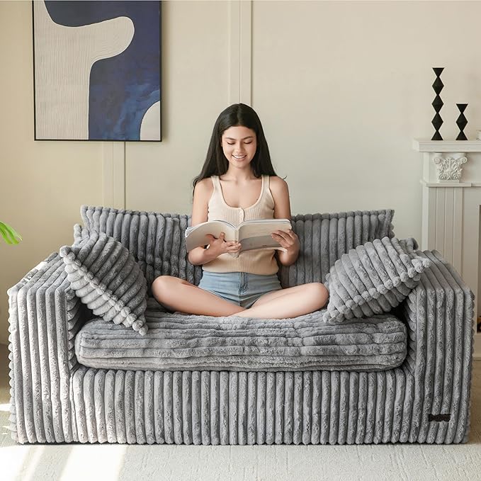 MAXYOYO 59" Bean Bag Sofa Couch, Loveseat Boneless Couch in a Box, Upholstered Small Mini Sofa with Deep Seating for Living Room Bedroom Office Apartment, No Assembly, Dark Grey