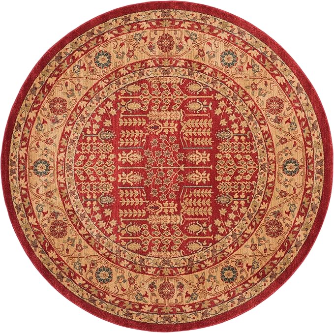 SAFAVIEH Mahal Collection Area Rug - 3' Round, Red & Natural, Non-Shedding & Easy Care, Ideal for High Traffic Areas in The Living Room, Dining, Bedroom (MAH697A)