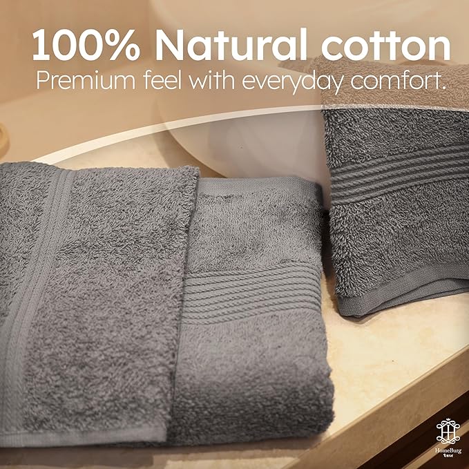 Luxe Set – Washcloths (30 x 30cm), Hand Towels (40 x 70cm) & Bath Towels (65 x 137 cm) – 100% Cotton, Soft, Absorbent, Easy Care, Versatile, (Stone Grey)