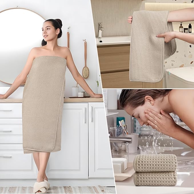 430 GSM Microfiber Quick Dry Lint Free Oversize Bath Towel Set, 6 Piece (Waffle Weave)
