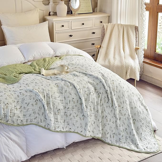 Muslin Blankets 100% Cotton 6-Layer Gauze Floral Pattern Throw Blanket Lightweight Soft and Breathable Queen Bed Blanket for Sofa Couch Bed Coverlet Both Sides (Leaves Green, Queen 90" X 90")