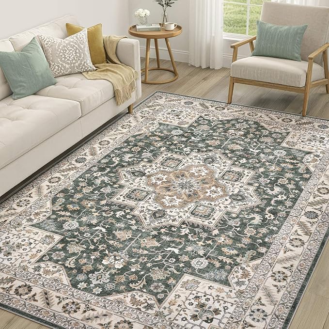 Vintage Living Room Area Rug 5x7 - Large Soft Washable Oriental Traditional Distressed Farmhouse Rugs for Bedroom - Indoor Floor Accent Carpet for Home Office House Decor - Vintage Green