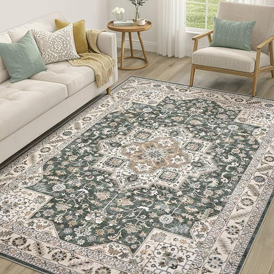Vintage Living Room Area Rug 5x7 - Large Soft Washable Oriental Traditional Distressed Farmhouse Rugs for Bedroom - Indoor Floor Accent Carpet for Home Office House Decor - Vintage Green