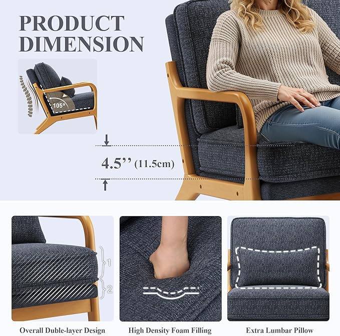 Accent Chair Set of 2 with Solid Wood Frame, Mid-Century Relaxing Armchair Lumbar Pillow& Soft Cushion, Reading Leisure Chair for Living Room, Bedroom, Waiting Room-Blue