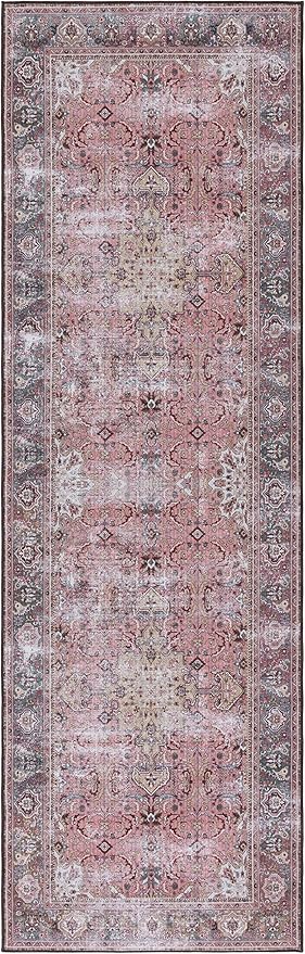 SAFAVIEH Washable Rug Tucson Collection - 2'6' x 8' Runner, Pink & Beige, Slip Resistant & Easy to Clean, Ideal for Hallway, Foyer, Entryway, Bedroom (TSN144U)