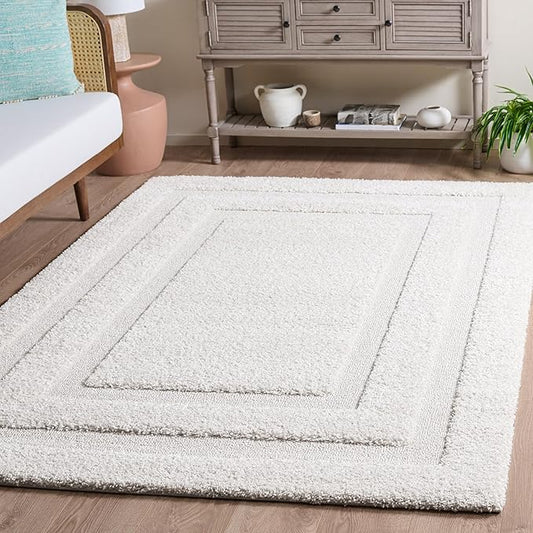 SAFAVIEH Florida Shag Collection Area Rug - 6' x 9', Creme & Creme, Border Design, Non-Shedding & Easy Care, 1.2-inch Thick Ideal for High Traffic Areas in Living Room, Bedroom (SG454-1111)
