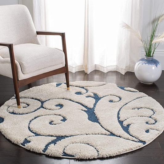 SAFAVIEH Florida Shag Collection Area Rug - 4' Round, Cream & Blue, Scroll Design, Non-Shedding & Easy to Clean, High-Low Plush Pile, Ideal for Living Room, Bedroom, Dining Space (SG455-1165)