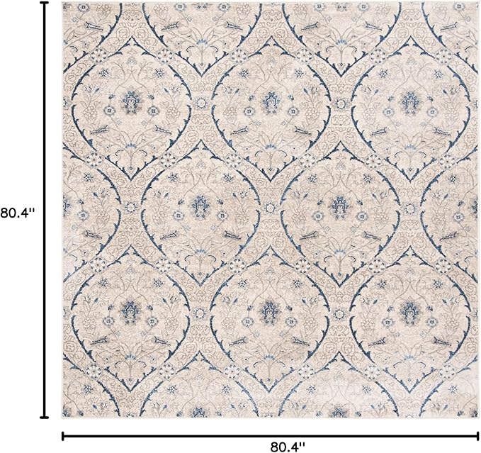SAFAVIEH Brentwood Collection Area Rug - 6'7" Square, Light Grey & Blue, Floral Damask Ogee Trellis Design, Non-Shedding & Easy Care, Ideal for High Traffic Areas in Living Room, Bedroom (BNT860G)