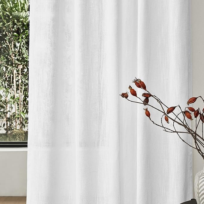 MYSKY HOME White Linen Sheer Curtains 63 inch length Light Filtering Semi Sheer Curtains for Bedroom Short Window Treatment Privacy Protect Drapes Set, Back Tab Boho Farmhouse Soft, 50" Wide, 2 Panels