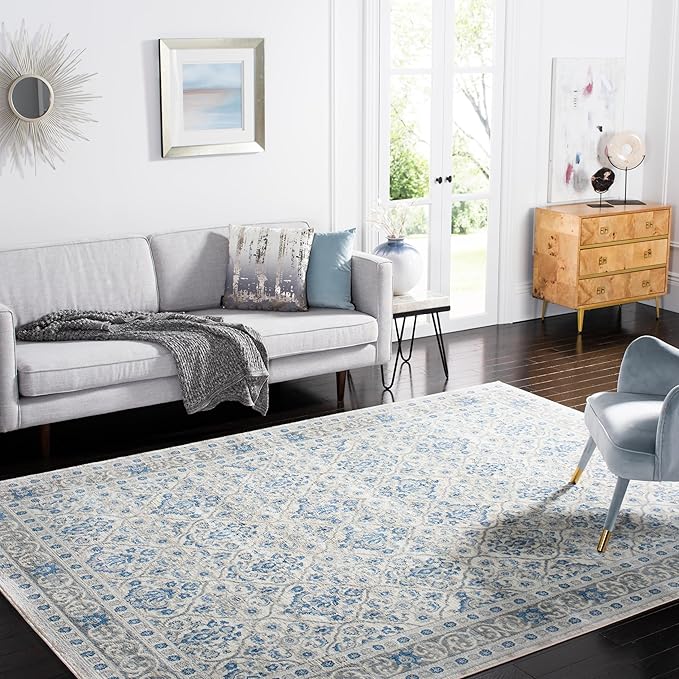 SAFAVIEH Brentwood Collection 8' x 10' Ivory/Blue BNT870A Oriental Damask Trellis Non-Shedding Living Room Bedroom Dining Home Office Area Rug