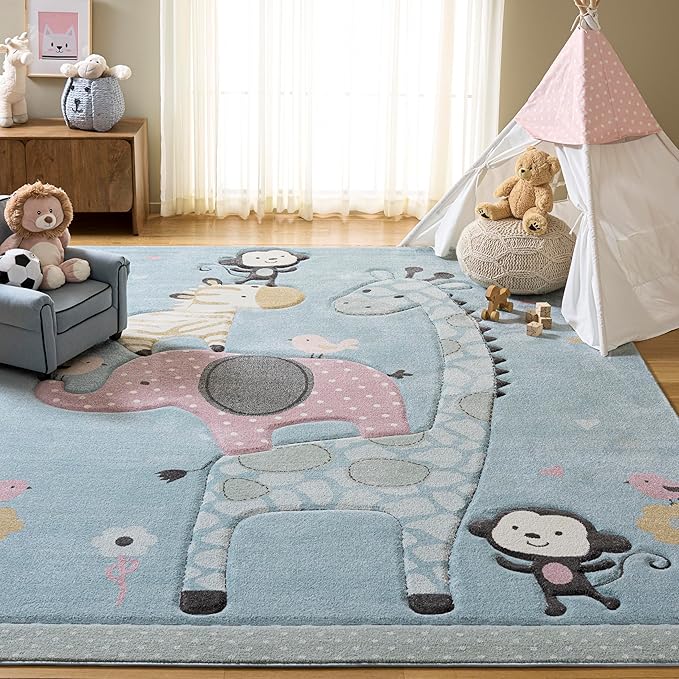 SAFAVIEH Area Rug 8x10 - Carousel Kids 100 Collection - Large - Blue, Animal Design, Non-Shedding & Easy Cleaning, Ideal for Boys & Girls in Playroom, Nursery, Bedroom (CRK120K)
