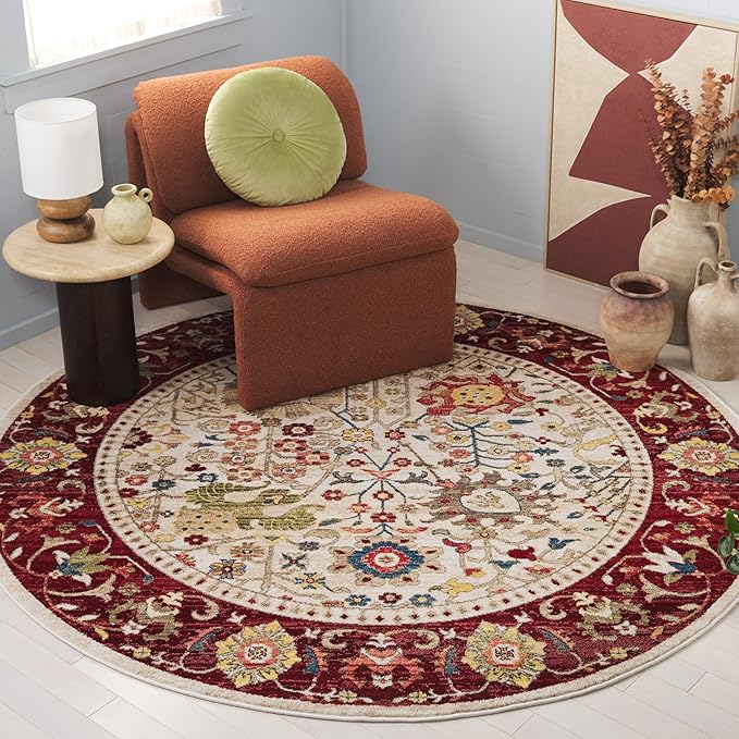 SAFAVIEH Kashan Collection Area Rug - 6'7" Round, Ivory & Red, Non-Shedding & Easy Care, Ideal for High Traffic Areas in The Living Room, Dining, Bedroom (KSN303D)