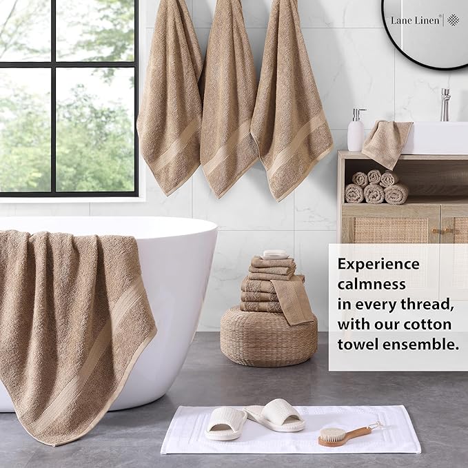 LANE LINEN 18 Piece Cotton Towel Set - Soft, Absorbent & Perfect Family Set - 4 Bath, 8 Washcloths, 6 Hand Towels for Bathroom - Ideal for Home, Spa & Gym - Quality You Can Trust - Taupe