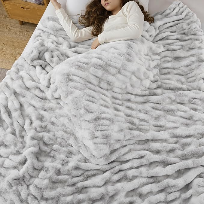 WDCOZY Ruched Faux Fur Throw Blanket Soft Cozy Fluffy Luxurious Blankets Couch Bed Sofa Chair Home Decor Warm Furry Fall Winter Plush Rabbit Fur Bubble Blanket 60" x 80", Grey
