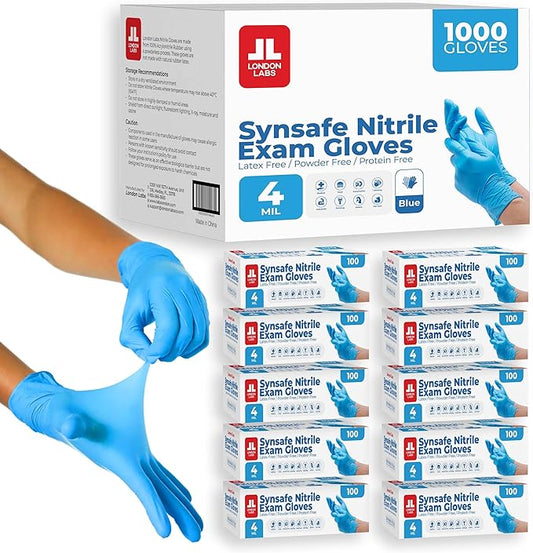 Synsafe 4 Mil - Blue Nitrile Exam Gloves –Disposable Latex Free & Powder Free – Extra Strong, Rubber Gloves