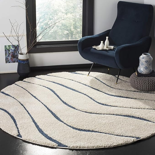 SAFAVIEH Florida Shag Collection Area Rug - 4' Round, Cream & Blue, Non-Shedding & Easy Care, 1.2-inch Thick Ideal for High Traffic Areas in Living Room, Bedroom (SG472-1165)