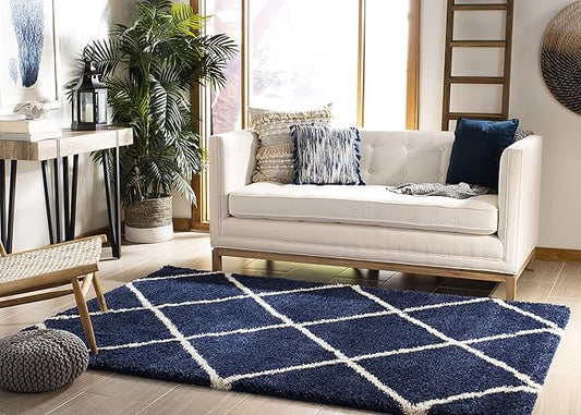 SAFAVIEH Hudson Shag Collection Accent Rug - 2' x 3', Navy & Ivory, Modern Trellis Design, Non-Shedding & Easy Care, 2-inch Thick Ideal for High Traffic Areas in Foyer, Living Room, Bedroom (SGH281C)