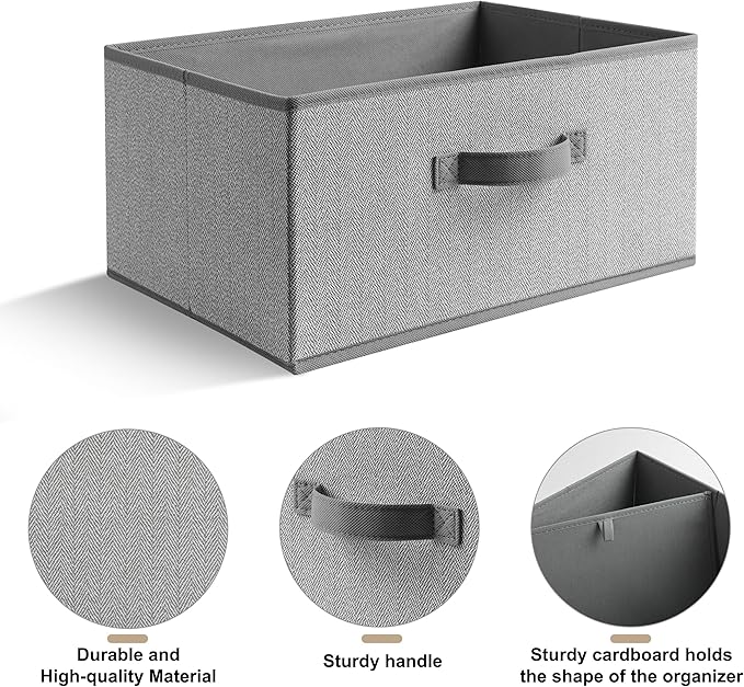 15.7 Inch Storage Baskets, Woven Fabric Bins, Storage Cubes with Reinforced Handles, Organizer Bins for Closet Shelves, Foldable, for Clothes (Gray, 2PCS/15.7*11*7.8inch)