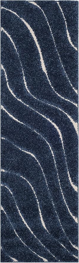 SAFAVIEH Florida Shag Collection Runner Rug - 2'3" x 11', Dark Blue & Cream, Non-Shedding & Easy Care, 1.2-inch Thick Ideal for High Traffic Areas in Living Room, Bedroom (SG472-6511)