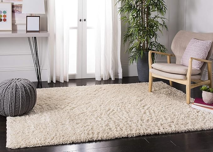 SAFAVIEH Fontana Shag Collection Area Rug - 4' Square, Creme, Solid Design, Non-Shedding & Easy Care, 2-inch Thick Ideal for High Traffic Areas in Living Room, Bedroom (FNT800B)