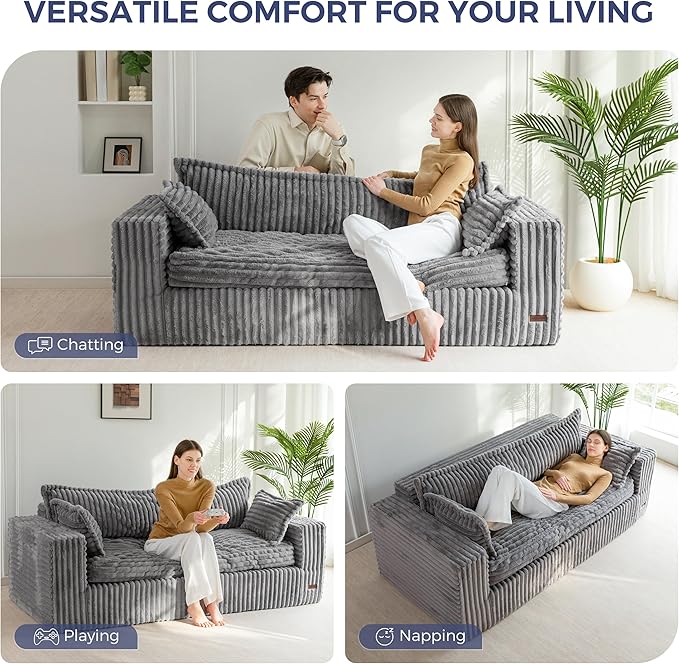 MAXYOYO 76" Bean Bag Sofa Couch, Loveseat Boneless Couch in a Box, Upholstered Small Mini Sofa with Deep Seating for Living Room Bedroom Office Apartment, No Assembly, Dark Grey