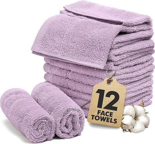 Face Towels Pack of 12 – 100% Cotton Wash Cloths (12x12 inch) – Soft, Quick Dry & Highly Absorbent Hand Towels for Bathroom, Spa, Gym, Kitchen and for Daily Use - (Lilac)