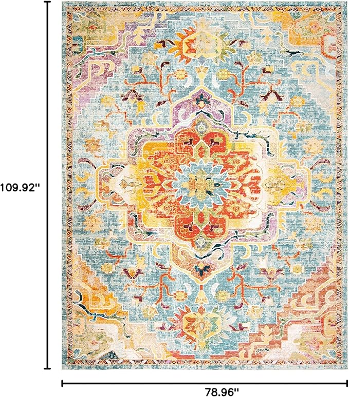 SAFAVIEH Crystal Collection Area Rug - 6'7" x 9'2", Orange & Teal, Medallion Distressed Design, Non-Shedding & Easy Care, Ideal for High Traffic Areas in Living Room, Bedroom (CRS501K)