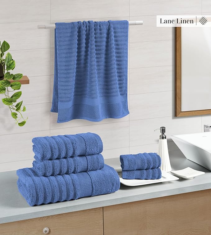 LANE LINEN 100% Cotton Bath Towel - 6 Piece Set - Hotel Grade Luxury Zero Twist Cotton - 2 Bath, 2 Washcloths, 2 Hand Towels for Bathroom - Super Soft, Quick Dry & Highly Absorbent - Cerulean Blue