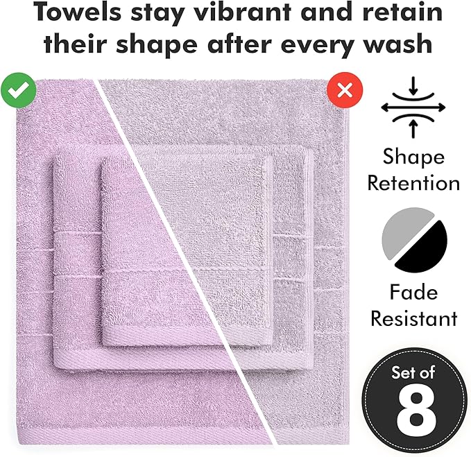 Bath Towels Set of 8 – 100% Cotton (Lilac) Bathroom Towel Set Bale Includes 2 Bath, 2 Hand, 4 Face Towels – Soft, Absorbent & Quick Dry Towel for Bathroom, Spa, Kitchen, Hotel Use