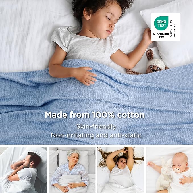 Bedsure GentleSoft 100% Cotton Blanket Twin XL Size for Bed - Breathable and Lightweight, Soft Cozy Textured Herringbone Woven Summer Blanket for College Dorm, Ashley Blue, 66x90 inches